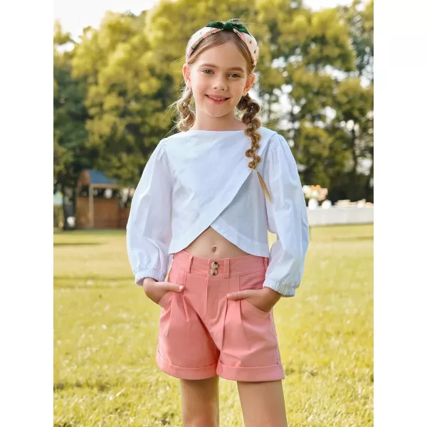 Haloumoning Girls High Waisted Shorts Summer Fashion Button Elastic Waist Shorts with Pockets 5-14 Years