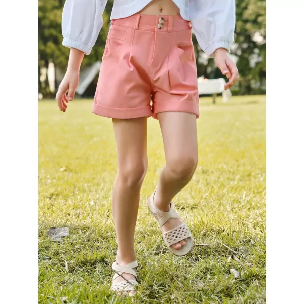Haloumoning Girls High Waisted Shorts Summer Fashion Button Elastic Waist Shorts with Pockets 5-14 Years