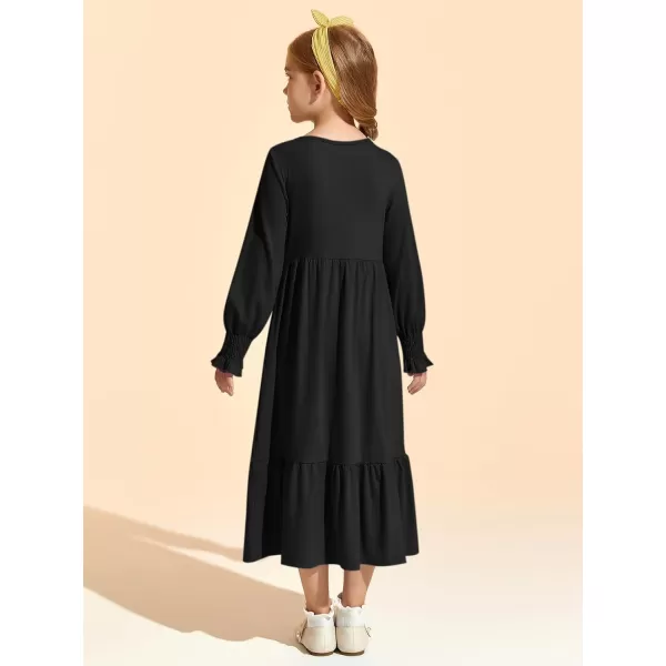 Haloumoning Girls Long Sleeve Maxi Dresses Boho Swing Dress with Pockets 7-14 years