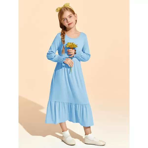 Haloumoning Girls Long Sleeve Maxi Dresses Boho Swing Dress with Pockets 7-14 years