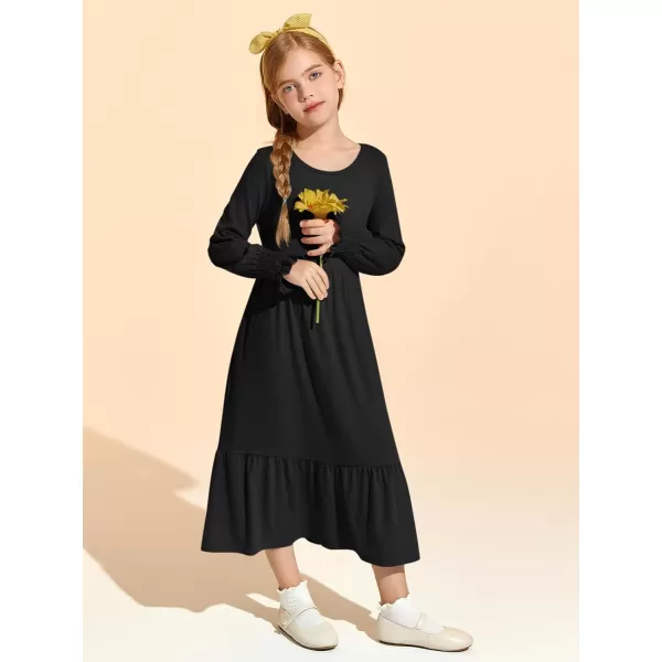 Haloumoning Girls Long Sleeve Maxi Dresses Boho Swing Dress with Pockets 7-14 years