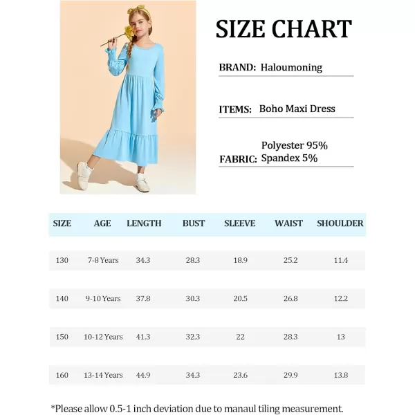 Haloumoning Girls Long Sleeve Maxi Dresses Boho Swing Dress with Pockets 7-14 years