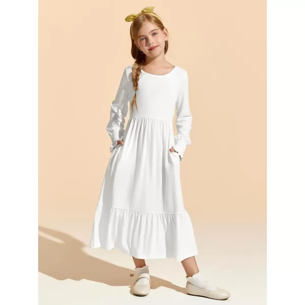 Haloumoning Girls Long Sleeve Maxi Dresses Boho Swing Dress with Pockets 7-14 years