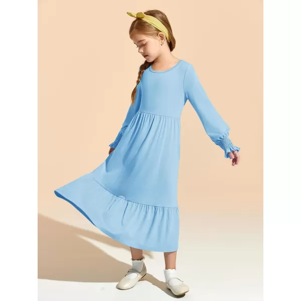 Haloumoning Girls Long Sleeve Maxi Dresses Boho Swing Dress with Pockets 7-14 years