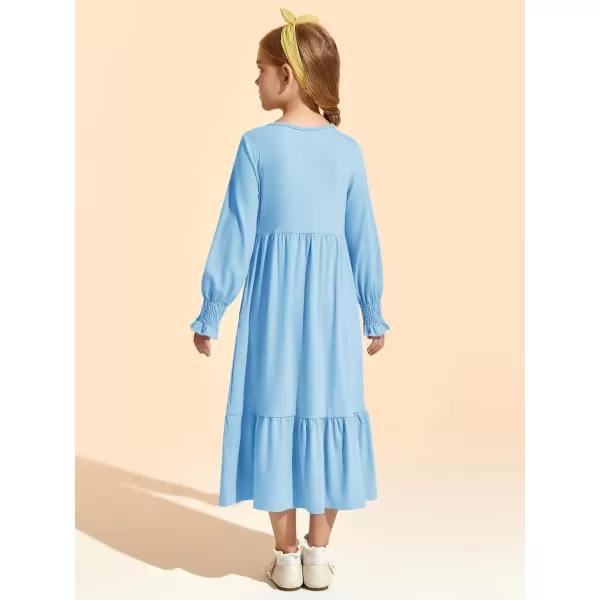 Haloumoning Girls Long Sleeve Maxi Dresses Boho Swing Dress with Pockets 7-14 years