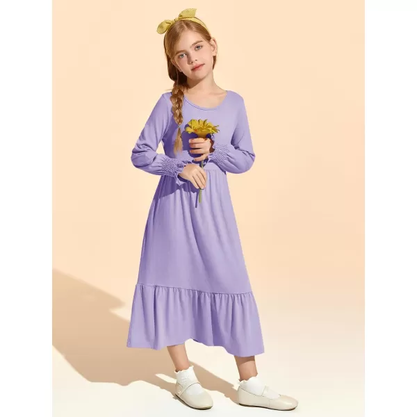 Haloumoning Girls Long Sleeve Maxi Dresses Boho Swing Dress with Pockets 7-14 years