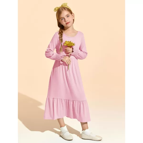 Haloumoning Girls Long Sleeve Maxi Dresses Boho Swing Dress with Pockets 7-14 years