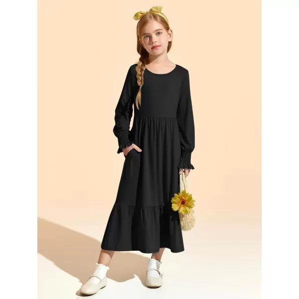 Haloumoning Girls Long Sleeve Maxi Dresses Boho Swing Dress with Pockets 7-14 years