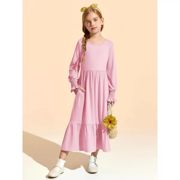 Haloumoning Girls Long Sleeve Maxi Dresses Boho Swing Dress with Pockets 7-14 years