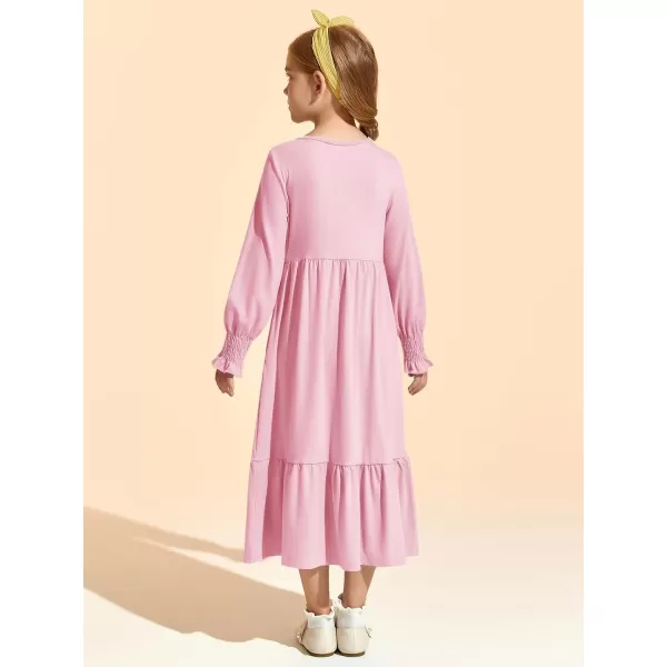 Haloumoning Girls Long Sleeve Maxi Dresses Boho Swing Dress with Pockets 7-14 years