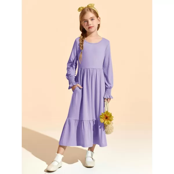 Haloumoning Girls Long Sleeve Maxi Dresses Boho Swing Dress with Pockets 7-14 years