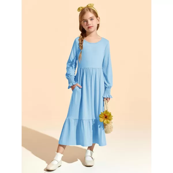 Haloumoning Girls Long Sleeve Maxi Dresses Boho Swing Dress with Pockets 7-14 years