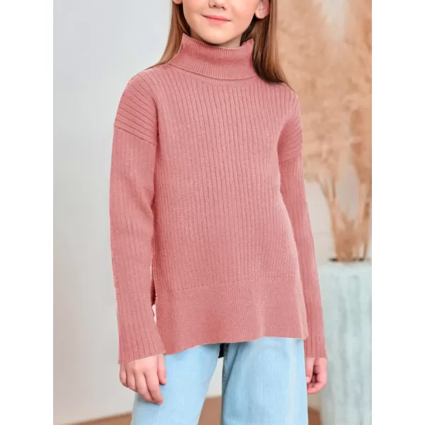 Haloumoning Girls Oversized Turtleneck Sweaters Kids Fashion Ribbed Knit Pullover Sweater Fall Clothes with Side Slit