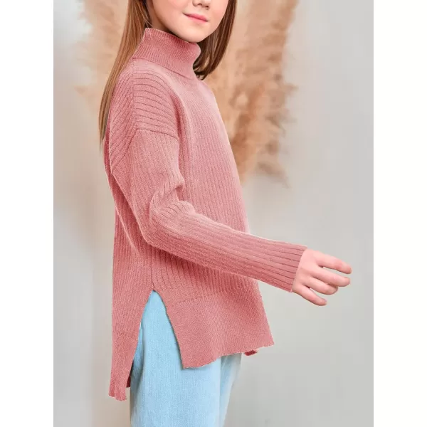 Haloumoning Girls Oversized Turtleneck Sweaters Kids Fashion Ribbed Knit Pullover Sweater Fall Clothes with Side Slit