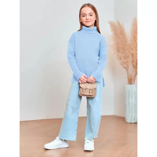 Haloumoning Girls Oversized Turtleneck Sweaters Kids Fashion Ribbed Knit Pullover Sweater Fall Clothes with Side Slit