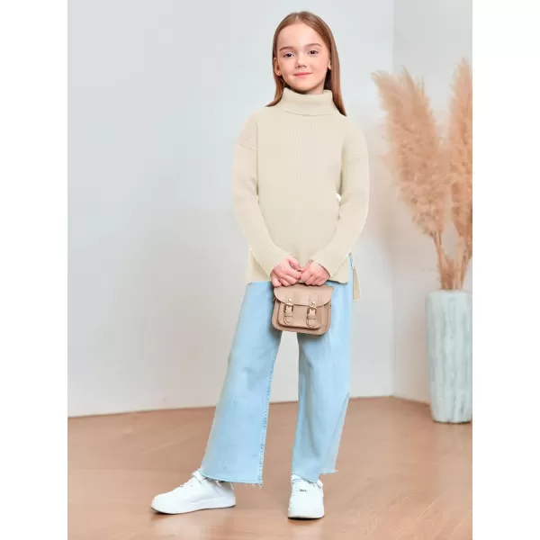 Haloumoning Girls Oversized Turtleneck Sweaters Kids Fashion Ribbed Knit Pullover Sweater Fall Clothes with Side Slit