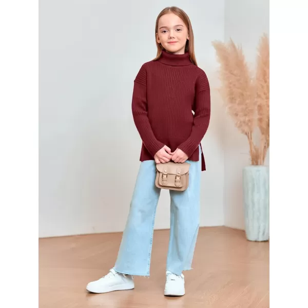 Haloumoning Girls Oversized Turtleneck Sweaters Kids Fashion Ribbed Knit Pullover Sweater Fall Clothes with Side Slit