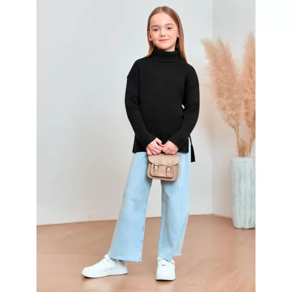 Haloumoning Girls Oversized Turtleneck Sweaters Kids Fashion Ribbed Knit Pullover Sweater Fall Clothes with Side Slit