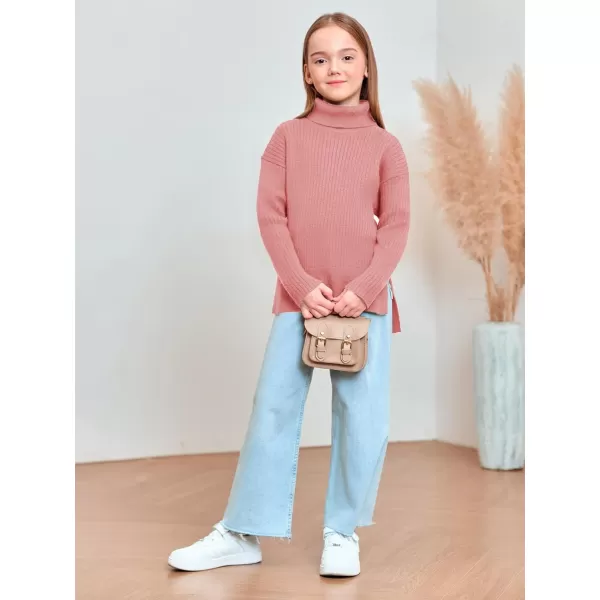 Haloumoning Girls Oversized Turtleneck Sweaters Kids Fashion Ribbed Knit Pullover Sweater Fall Clothes with Side Slit