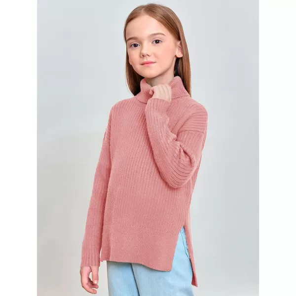 Haloumoning Girls Oversized Turtleneck Sweaters Kids Fashion Ribbed Knit Pullover Sweater Fall Clothes with Side Slit