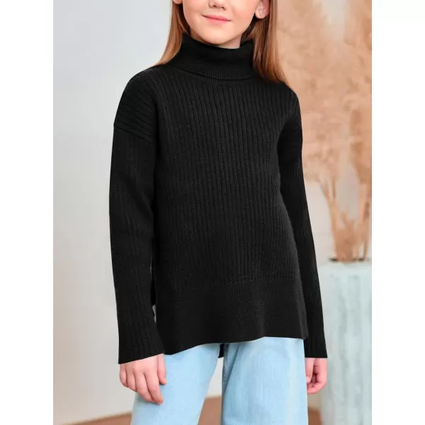 Haloumoning Girls Oversized Turtleneck Sweaters Kids Fashion Ribbed Knit Pullover Sweater Fall Clothes with Side Slit