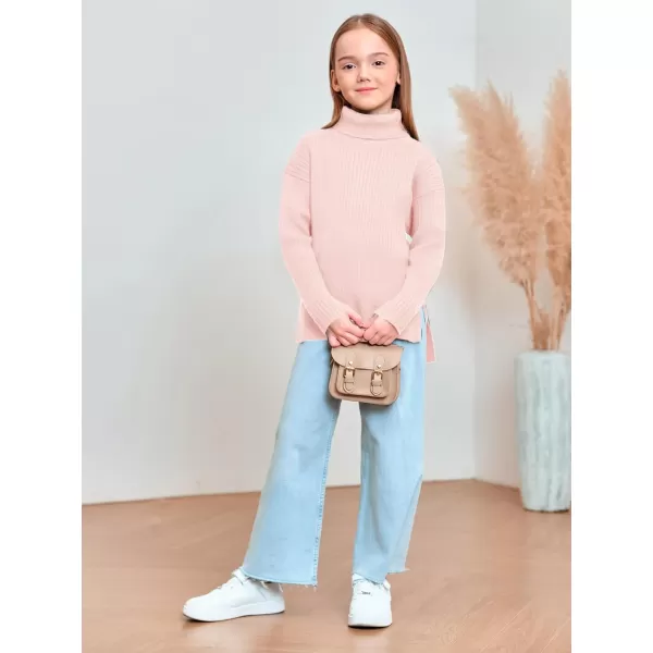 Haloumoning Girls Oversized Turtleneck Sweaters Kids Fashion Ribbed Knit Pullover Sweater Fall Clothes with Side Slit
