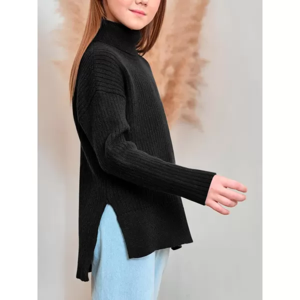 Haloumoning Girls Oversized Turtleneck Sweaters Kids Fashion Ribbed Knit Pullover Sweater Fall Clothes with Side Slit