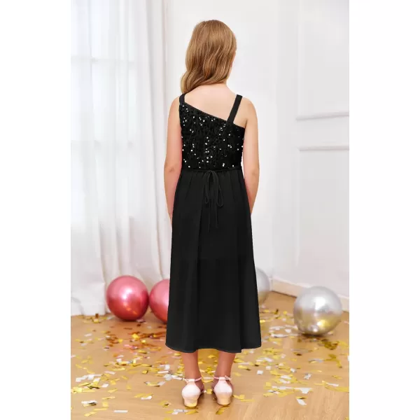 Haloumoning Girls Sequin Dress Kids Formal Sparkly One Shoulder Prom Party Dresses 4-14 Years