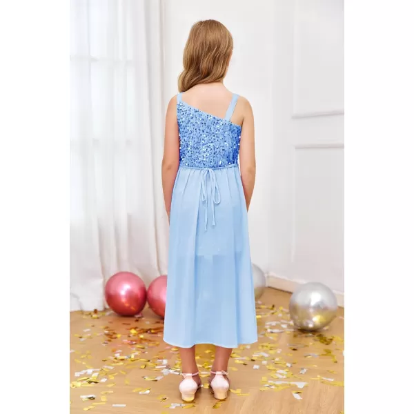 Haloumoning Girls Sequin Dress Kids Formal Sparkly One Shoulder Prom Party Dresses 4-14 Years