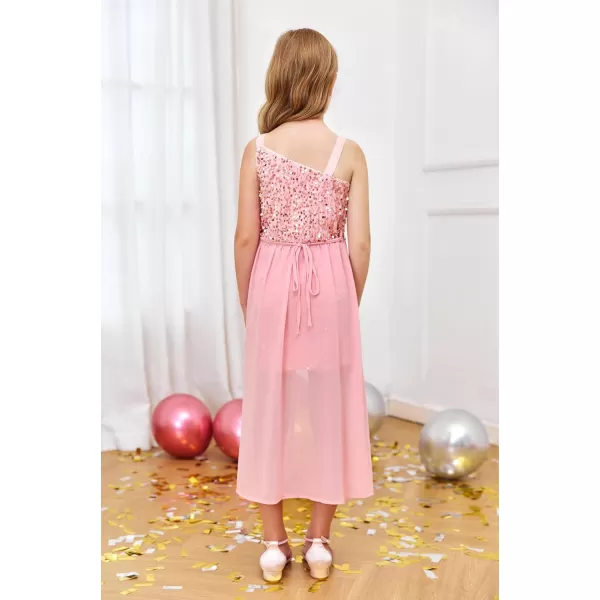 Haloumoning Girls Sequin Dress Kids Formal Sparkly One Shoulder Prom Party Dresses 4-14 Years