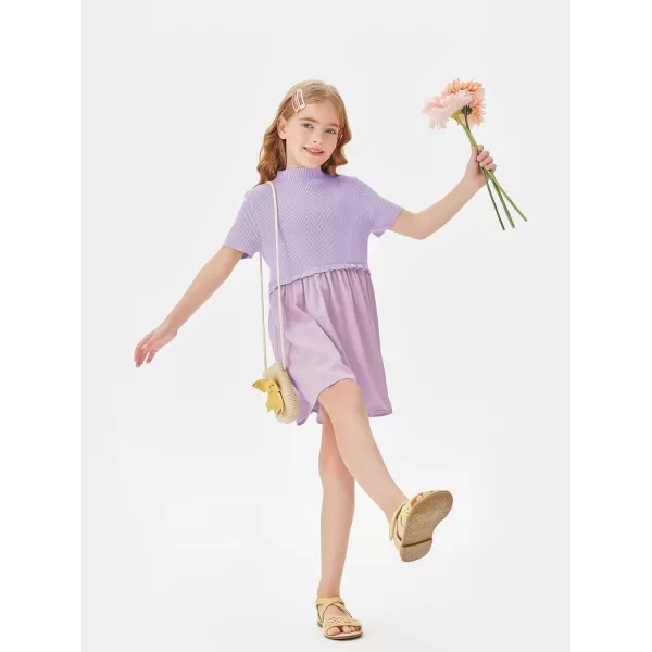 Haloumoning Girls Short Sleeve Mock Neck Dress Summer Casual Dresses A-Line Swing Elegant Sundress