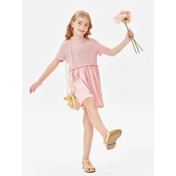 Haloumoning Girls Short Sleeve Mock Neck Dress Summer Casual Dresses A-Line Swing Elegant Sundress