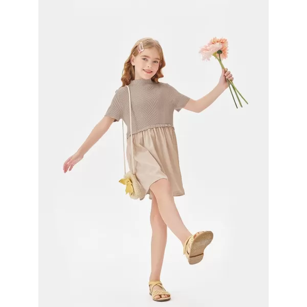 Haloumoning Girls Short Sleeve Mock Neck Dress Summer Casual Dresses A-Line Swing Elegant Sundress