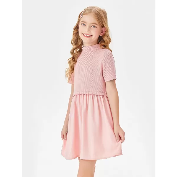 Haloumoning Girls Short Sleeve Mock Neck Dress Summer Casual Dresses A-Line Swing Elegant Sundress