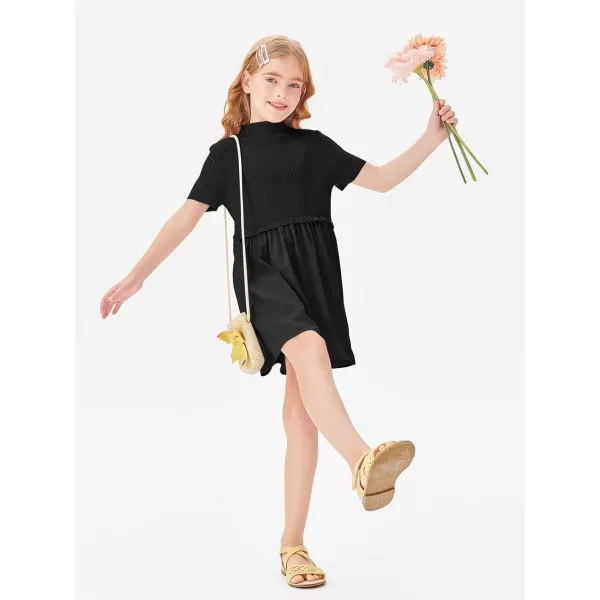 Haloumoning Girls Short Sleeve Mock Neck Dress Summer Casual Dresses A-Line Swing Elegant Sundress