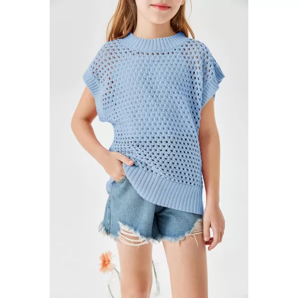 Haloumoning Girls Short Sleeve T Shirt Crewneck Knit Crop Top Hollow Out Pullovers Sweater 5-14 Years