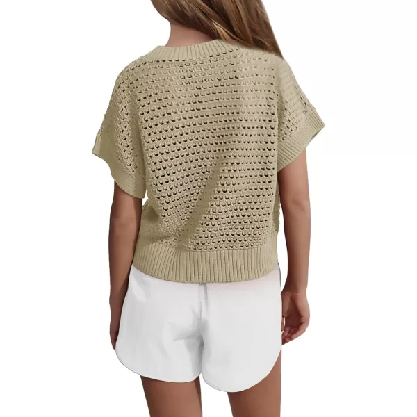 Haloumoning Girls Short Sleeve T Shirt Crewneck Knit Crop Top Hollow Out Pullovers Sweater 5-14 Years