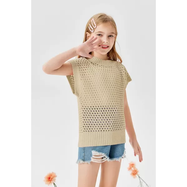 Haloumoning Girls Short Sleeve T Shirt Crewneck Knit Crop Top Hollow Out Pullovers Sweater 5-14 Years