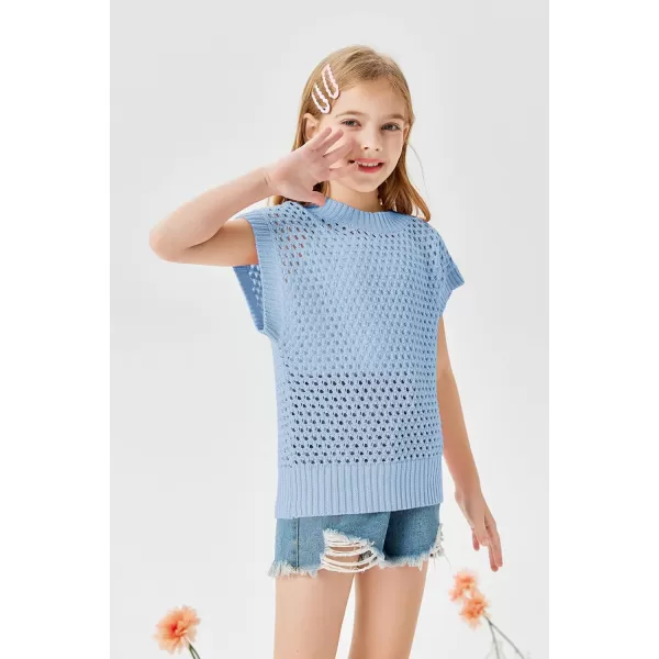 Haloumoning Girls Short Sleeve T Shirt Crewneck Knit Crop Top Hollow Out Pullovers Sweater 5-14 Years