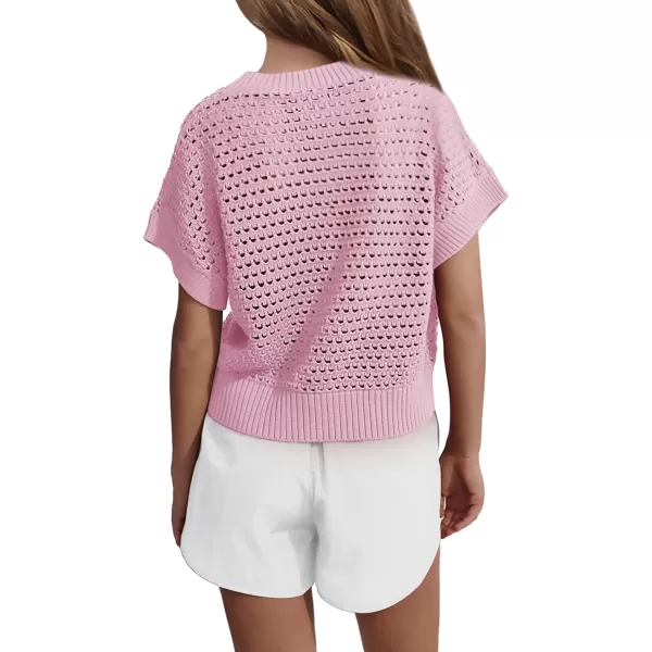 Haloumoning Girls Short Sleeve T Shirt Crewneck Knit Crop Top Hollow Out Pullovers Sweater 5-14 Years