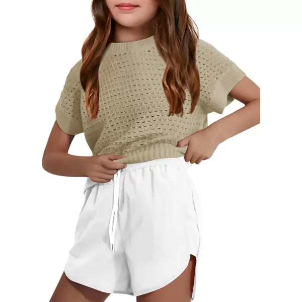 Haloumoning Girls Short Sleeve T Shirt Crewneck Knit Crop Top Hollow Out Pullovers Sweater 5-14 Years
