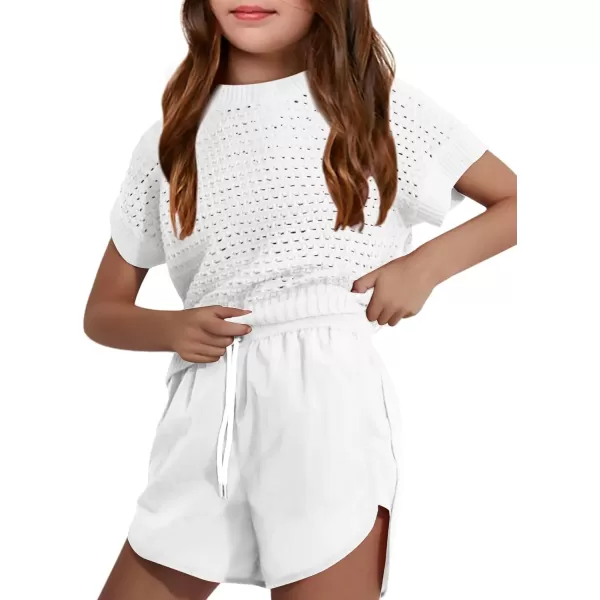 Haloumoning Girls Short Sleeve T Shirt Crewneck Knit Crop Top Hollow Out Pullovers Sweater 5-14 Years