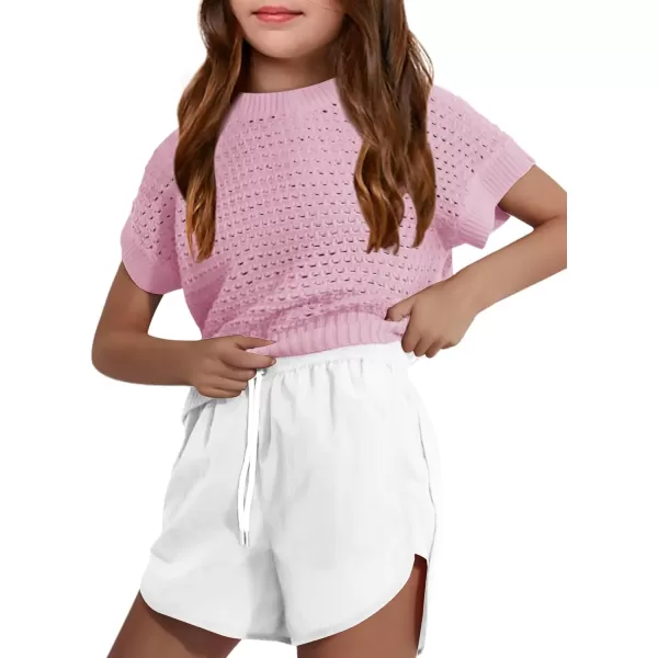 Haloumoning Girls Short Sleeve T Shirt Crewneck Knit Crop Top Hollow Out Pullovers Sweater 5-14 Years