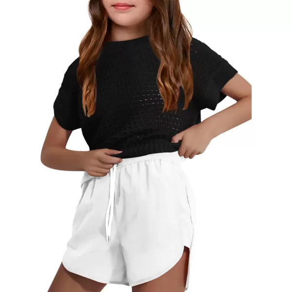 Haloumoning Girls Short Sleeve T Shirt Crewneck Knit Crop Top Hollow Out Pullovers Sweater 5-14 Years