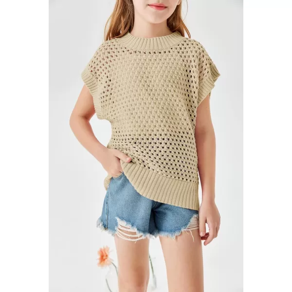 Haloumoning Girls Short Sleeve T Shirt Crewneck Knit Crop Top Hollow Out Pullovers Sweater 5-14 Years