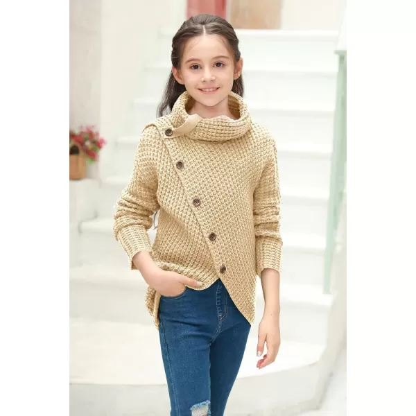Haloumoning Girls Sweaters Button Turtle Cowl Neck Asymmetric Hem Wrap Pullover Sweaters for Girls