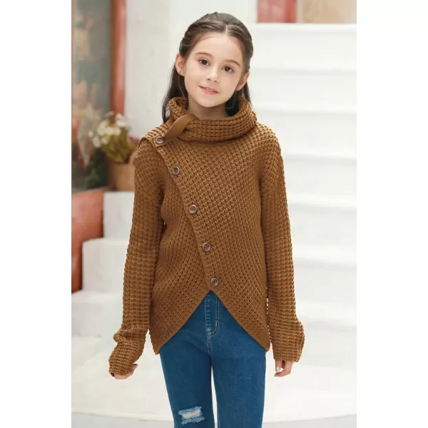 Haloumoning Girls Sweaters Button Turtle Cowl Neck Asymmetric Hem Wrap Pullover Sweaters for Girls