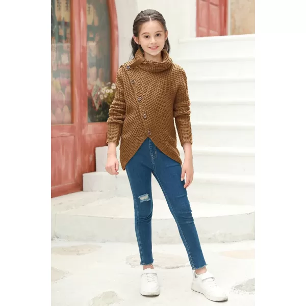 Haloumoning Girls Sweaters Button Turtle Cowl Neck Asymmetric Hem Wrap Pullover Sweaters for Girls