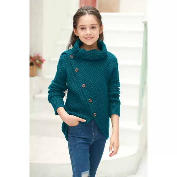 Haloumoning Girls Sweaters Button Turtle Cowl Neck Asymmetric Hem Wrap Pullover Sweaters for Girls