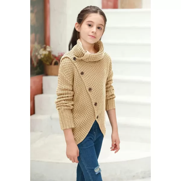 Haloumoning Girls Sweaters Button Turtle Cowl Neck Asymmetric Hem Wrap Pullover Sweaters for Girls